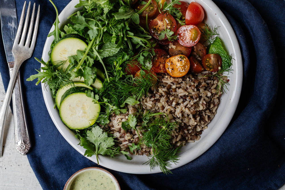 Mediterranean Summer Salad with Green Tahini Dressing  Floating Leaf Fine  Foods